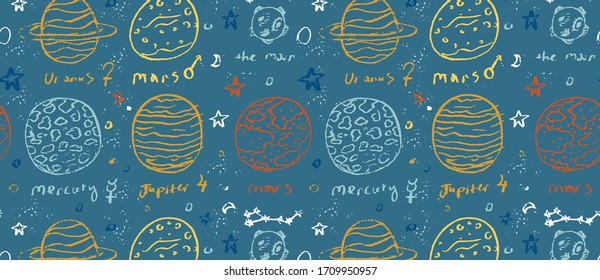 Hand drawn vector pattern with set of  planets, stars, comet. 