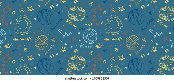 Hand drawn vector pattern with set of circular planets and stars,