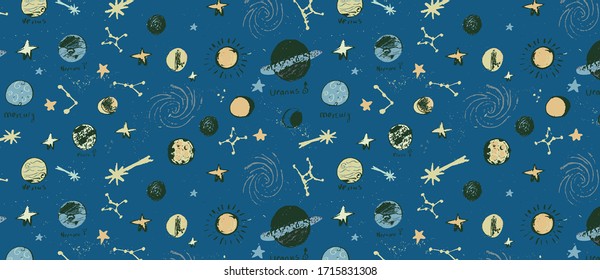 Hand drawn vector pattern with set of circular planets and stars