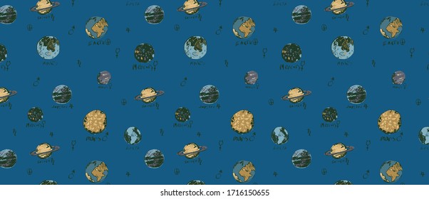 Hand drawn vector pattern with set of circular planets and stars,