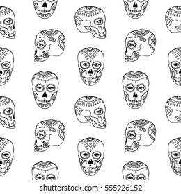 Hand drawn vector pattern with skulls - contour, outline, line art style drawing, for wallpaper, card, textile, comic, poster.