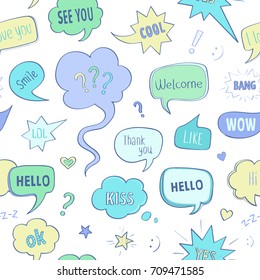 Hand drawn vector pattern of speech bubbles with dialog words on turquoise background
