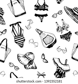 Hand drawn vector pattern of summer accessories. Fashion
sketch background. Bikini, summer hats, bags and sunglasses.
