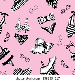 Hand drawn vector pattern of summer accessories. Fashion
sketch background. Bikini, summer hats and sunglasses.