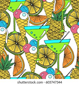 Hand drawn vector pattern. Summer vacation. Cocktails, ice cream, fruits. Beach party. Seamless background for baby textile, surface, home interior, cover, fabric, wallpapers, print, gift wrap, cards.