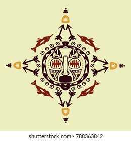 Hand drawn vector pattern with Tribal mask ethnic. Sketch for your design, wallaper, textile, print. African culture. Fabric afro ornament. Coloful batik art. Brown colors on background. Card.