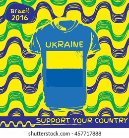 Hand drawn vector. vector pattern with t-shirt with country flag. Support your country. Ipanema, brazil, 2016 pattern. Ukraine national flag.

