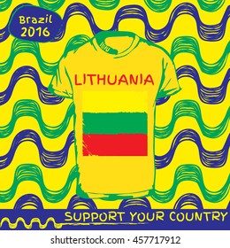 Hand drawn vector. vector pattern with t-shirt with country flag. Support your country. Ipanema, brazil, 2016 pattern. Lithuania national flag.

