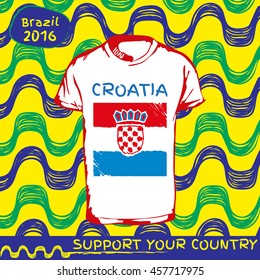 Hand drawn vector. vector pattern with t-shirt with country flag. Support your country. Ipanema, brazil, 2016 pattern. Croatia national flag.
