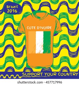 Hand drawn vector. vector pattern with t-shirt with country flag. Support your country. Ipanema, brazil, 2016 pattern. Cote divore national flag.

