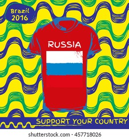 Hand drawn vector. vector pattern with t-shirt with country flag. Support your country. Ipanema, brazil, 2016 pattern. Russia national flag.

