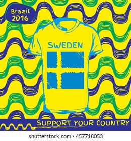 Hand drawn vector. vector pattern with t-shirt with country flag. Support your country. Ipanema, brazil, 2016 pattern. Sweden national flag.

