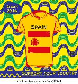 Hand drawn vector. vector pattern with t-shirt with country flag. Support your country. Ipanema, brazil, 2016 pattern. Spain national flag.

