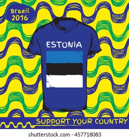 Hand drawn vector. vector pattern with t-shirt with country flag. Support your country. Ipanema, brazil, 2016 pattern. Estonia national flag.

