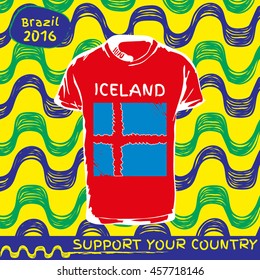 Hand drawn vector. vector pattern with t-shirt with country flag. Support your country. Ipanema, brazil, 2016 pattern. Iceland national flag.
