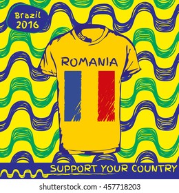 Hand drawn vector. vector pattern with t-shirt with country flag. Support your country. Ipanema, brazil, 2016 pattern. Romania national flag.

