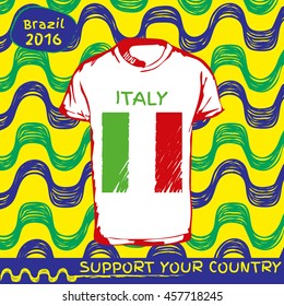 Hand drawn vector. vector pattern with t-shirt with country flag. Support your country. Ipanema, brazil, 2016 pattern. Italy national flag.

