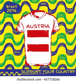 Hand drawn vector. vector pattern with t-shirt with country flag. Support your country. Ipanema, brazil, 2016 pattern. Austria national flag.
