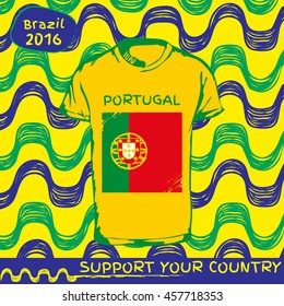 Hand drawn vector. vector pattern with t-shirt with country flag. Support your country. Ipanema, brazil, 2016 pattern. Portugal national flag.
