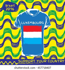 Hand drawn vector. vector pattern with t-shirt with country flag. Support your country. Ipanema, brazil, 2016 pattern. Luxembourg national flag.

