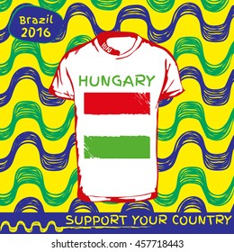 Hand drawn vector. vector pattern with t-shirt with country flag. Support your country. Ipanema, brazil, 2016 pattern. Hungary national flag.

