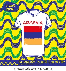 Hand drawn vector. vector pattern with t-shirt with country flag. Support your country. Ipanema, brazil, 2016 pattern. Armenia national flag.

