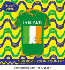 Hand drawn vector. vector pattern with t-shirt with country flag. Support your country. Ipanema, brazil, 2016 pattern. Republic of ireland national flag.
