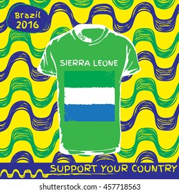 Hand drawn vector. vector pattern with t-shirt with country flag. Support your country. Ipanema, brazil, 2016 pattern. Sierra Leone national flag.

