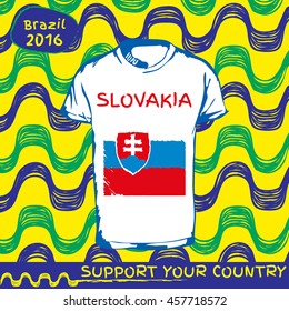 Hand drawn vector. vector pattern with t-shirt with country flag. Support your country. Ipanema, brazil, 2016 pattern. Slovakia national flag.

