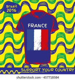 Hand drawn vector. vector pattern with t-shirt with country flag. Support your country. Ipanema, brazil, 2016 pattern. France national flag.

