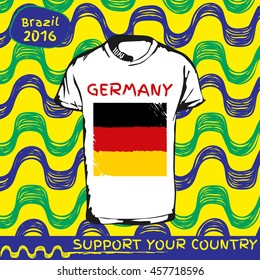 Hand drawn vector. vector pattern with t-shirt with country flag. Support your country. Ipanema, brazil, 2016 pattern. Germany national flag.

