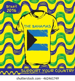 Hand drawn vector. vector pattern with t-shirt with country flag. Support your country. The Bahamas national flag. Ipanema, brazil, 2016 pattern.