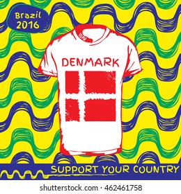 Hand drawn vector. vector pattern with t-shirt with country flag. Support your country. Denmark national flag. Ipanema, brazil, 2016 pattern.