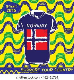 Hand drawn vector. vector pattern with t-shirt with country flag. Support your country. Norway national flag. Ipanema, brazil, 2016 pattern.