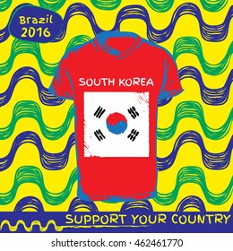 Hand drawn vector. vector pattern with t-shirt with country flag. Support your country. South Korea national flag. Ipanema, brazil, 2016 pattern.