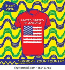 Hand drawn vector. vector pattern with t-shirt with country flag. Support your country. Ipanema, brazil, 2016 pattern. United states of America flag.