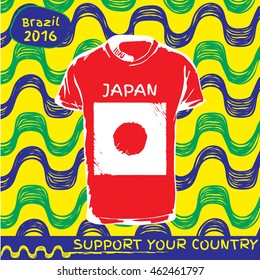 Hand drawn vector. vector pattern with t-shirt with country flag. Support your country. Japan national flag. Ipanema, brazil, 2016 pattern.