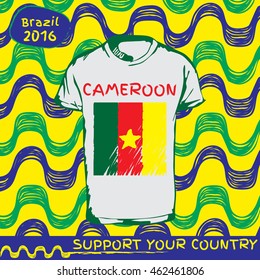 Hand drawn vector. vector pattern with t-shirt with country flag. Support your country. Cameroon national flag. Ipanema, brazil, 2016 pattern.