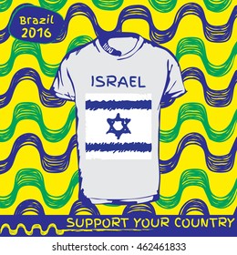 Hand drawn vector. vector pattern with t-shirt with country flag. Support your country. Israel national flag. Ipanema, brazil, 2016 pattern.