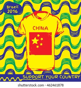 Hand drawn vector. vector pattern with t-shirt with country flag. Support your country. Ipanema, brazil, 2016 pattern. China national flag.