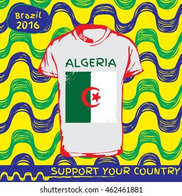 Hand drawn vector. vector pattern with t-shirt with country flag. Support your country. Ipanema, brazil, 2016 pattern. Algeria national flag.