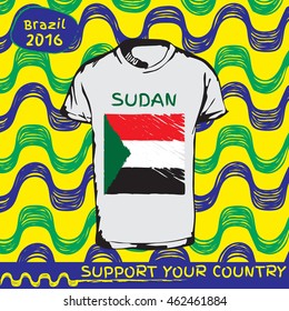 Hand drawn vector. vector pattern with t-shirt with country flag. Support your country. Ipanema, brazil, 2016 pattern. Sudan national flag.