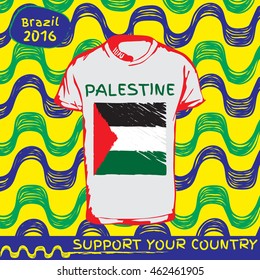 Hand drawn vector. vector pattern with t-shirt with country flag. Support your country. Ipanema, brazil, 2016 pattern. Palestine national flag.