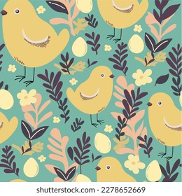 Hand drawn vector pattern with yellow chickens, eggs, twigs, flowers in pastel colors. Decorated in a cute cartoon style.