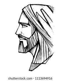 Hand drawn vector pencil illustration drawing Jesus Christ Face