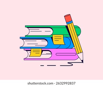 Hand drawn vector of a pencil leaning on stacked books with sticky notes. Great for education, study, school, and writing concepts