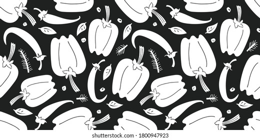 Hand drawn vector pepper seamless pattern. Organic cartoon fresh vegetable illustration. Cute vegetable botanical background.