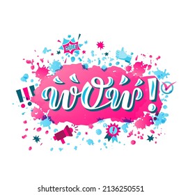 Hand drawn vector phrase Wow with color brush style lettering on color textured background for poster, sticker, banner, social media content, advertising, info message, invitation, website, template