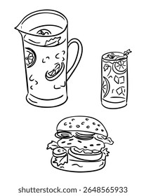 Hand drawn vector of picnic food including burger, pitcher of lemonade, and glass with ice and citrus slices. Concept of summer picnic, outdoor gathering, and casual festive meal.