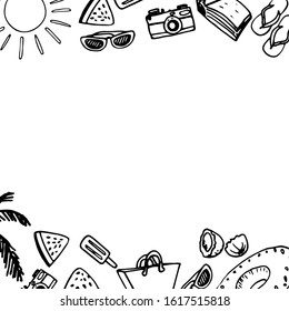 Hand drawn vector. Picture with icons: camera, sun, glasses, watermelon, ice cream.Doodle style illustration, space for text. Black lines on white, sketch.